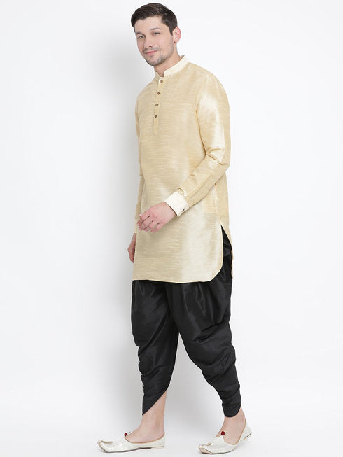 Vastramay Vastramay Men's Gold Silk Blend Curved Kurta Dhoti Set
